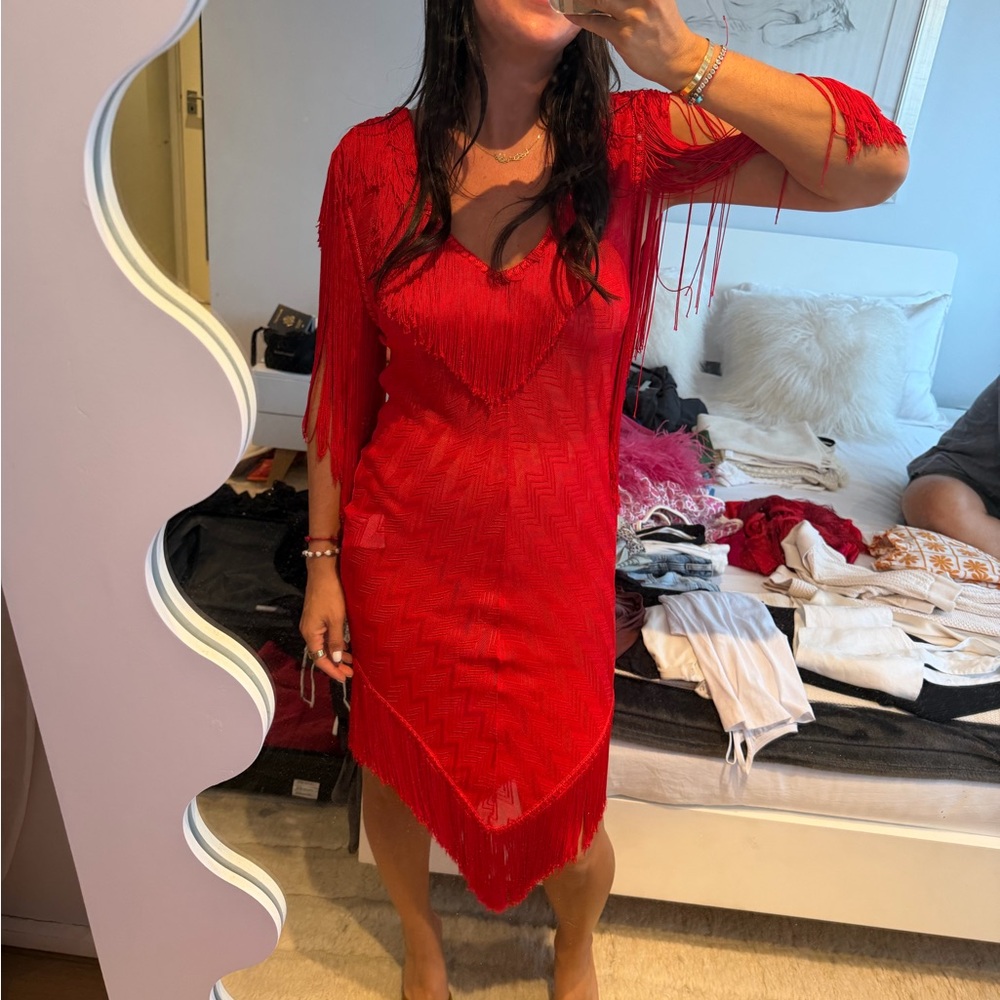 Missoni Mare Red Crochet Fringe Halter Cover-Up Dress